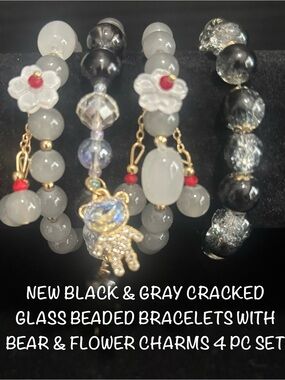 New Gray & Black CrackBeaded Bracelet Set with Gold Bear and White Flower Charms